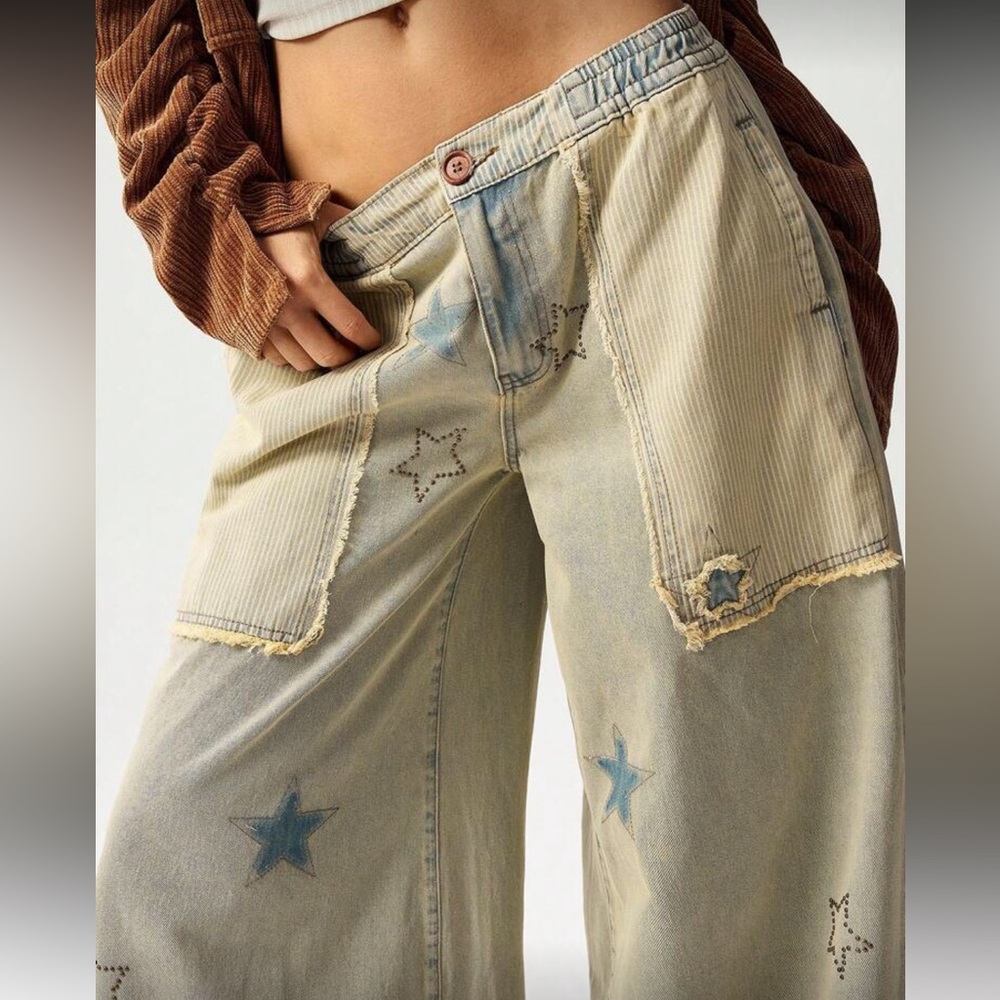 Star patchwork distressed Pattern Wide-Leg Jeans mini stud blue - Picture 7 of 7